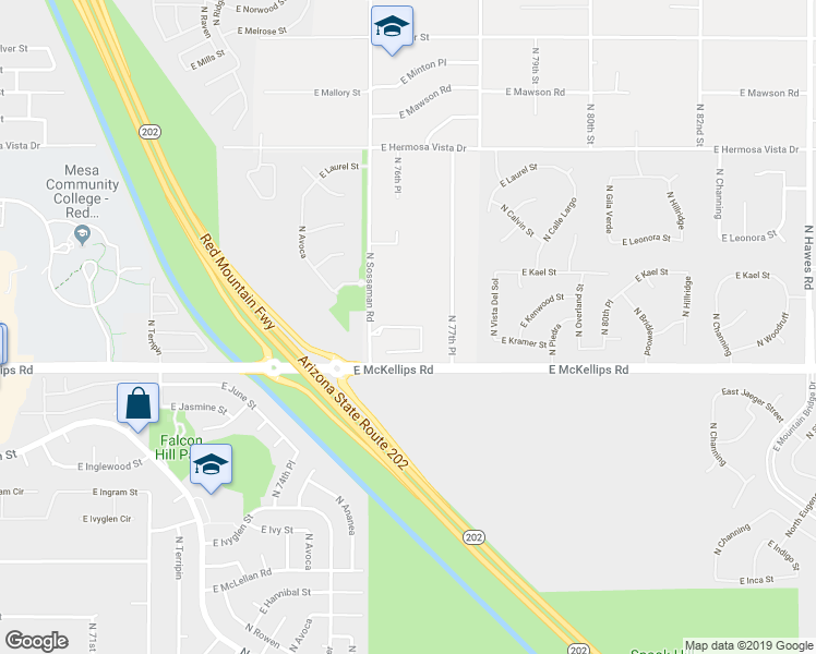 map of restaurants, bars, coffee shops, grocery stores, and more near 7644 East Kramer Street in Mesa