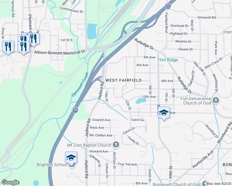 map of restaurants, bars, coffee shops, grocery stores, and more near 906 13th Street in Midfield