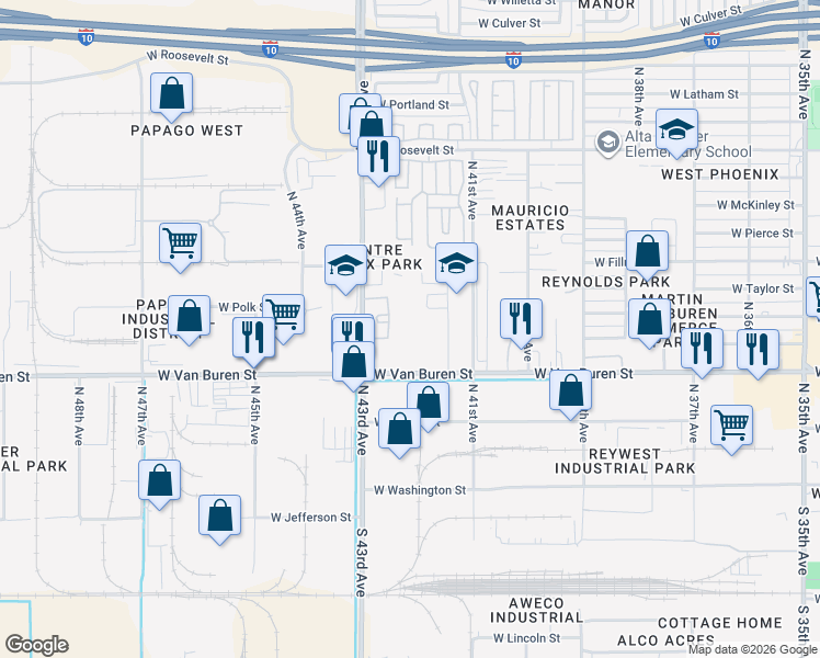map of restaurants, bars, coffee shops, grocery stores, and more near 4202 West Van Buren Street in Phoenix