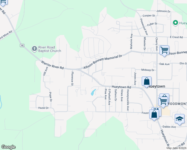 map of restaurants, bars, coffee shops, grocery stores, and more near 132 Louis Avenue in Hueytown