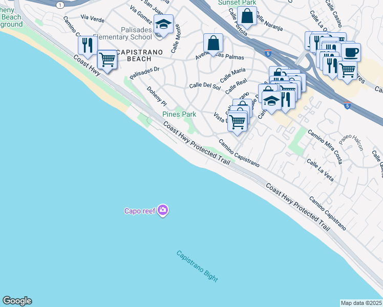 map of restaurants, bars, coffee shops, grocery stores, and more near 35091 Beach Road in Dana Point