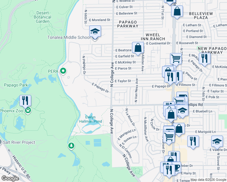 map of restaurants, bars, coffee shops, grocery stores, and more near 322 East Embassy Street in Tempe