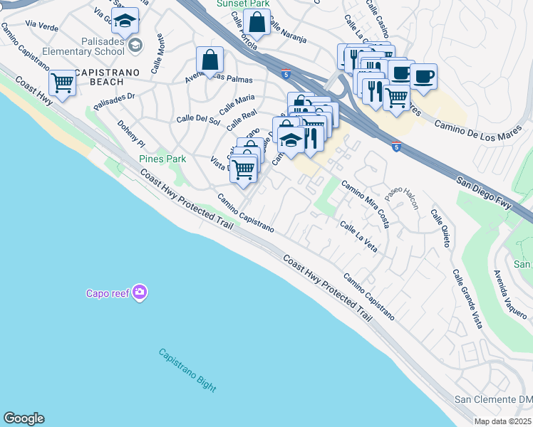map of restaurants, bars, coffee shops, grocery stores, and more near 27021 Azul Drive in Dana Point