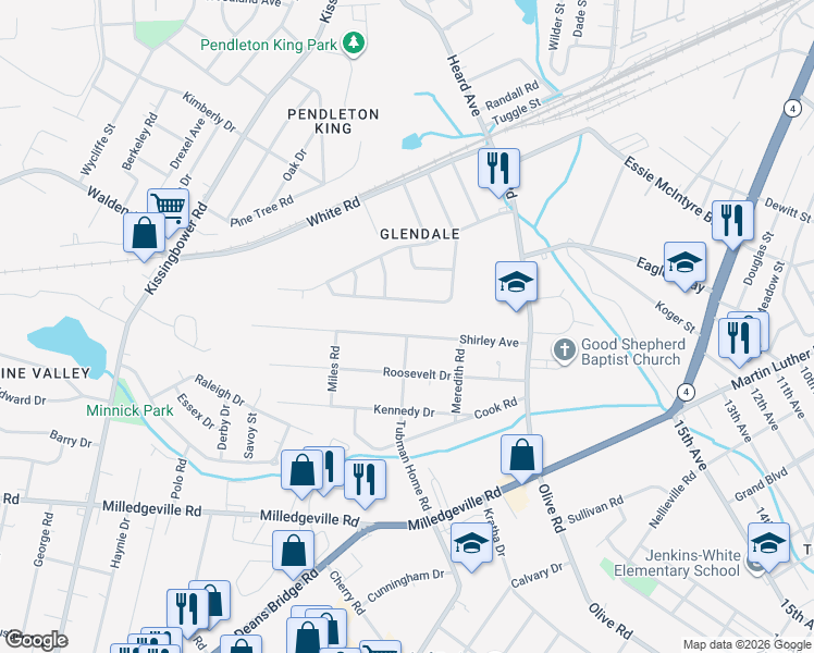 map of restaurants, bars, coffee shops, grocery stores, and more near 2105 Shirley Avenue in Augusta