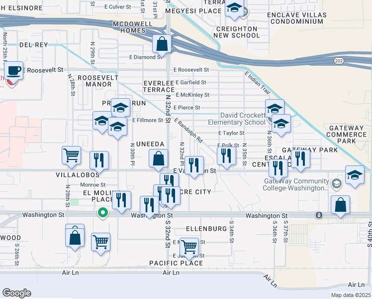 map of restaurants, bars, coffee shops, grocery stores, and more near 411 North 32nd Place in Phoenix