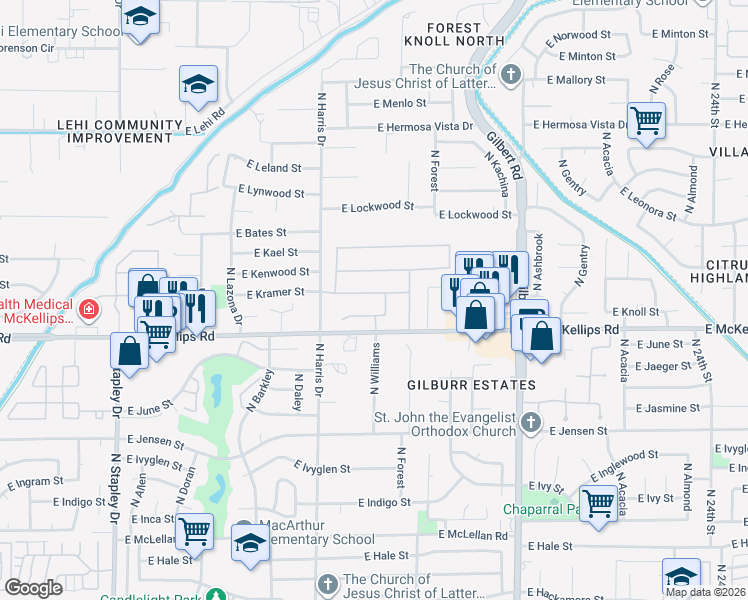 map of restaurants, bars, coffee shops, grocery stores, and more near 1709 East Kramer Street in Mesa