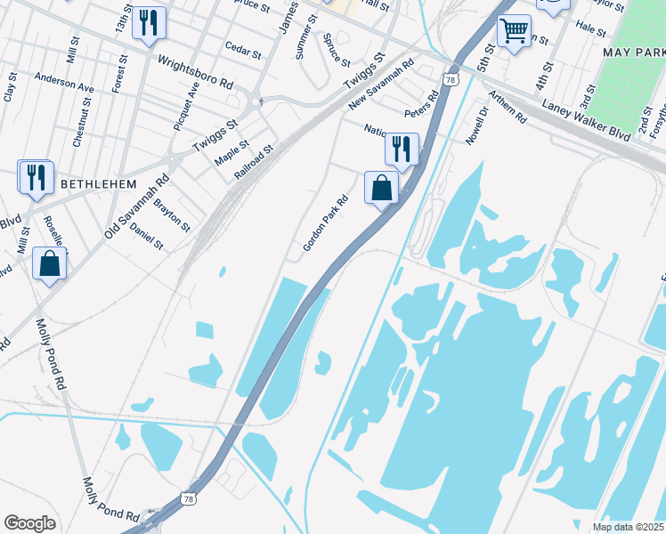 map of restaurants, bars, coffee shops, grocery stores, and more near Gordon Highway in Augusta