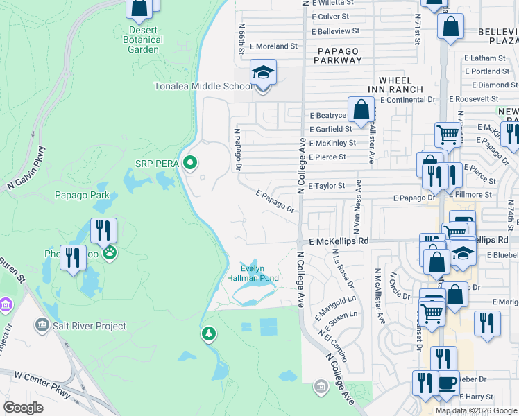 map of restaurants, bars, coffee shops, grocery stores, and more near 115 East Campo Desierto Road in Tempe