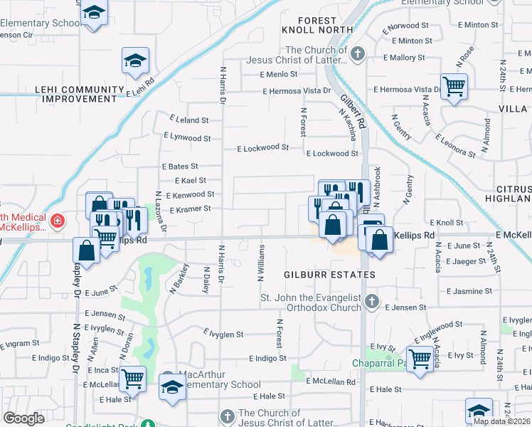 map of restaurants, bars, coffee shops, grocery stores, and more near 1709 East Kramer Street in Mesa