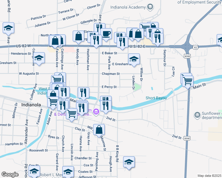 map of restaurants, bars, coffee shops, grocery stores, and more near 500 East Percy Street in Indianola