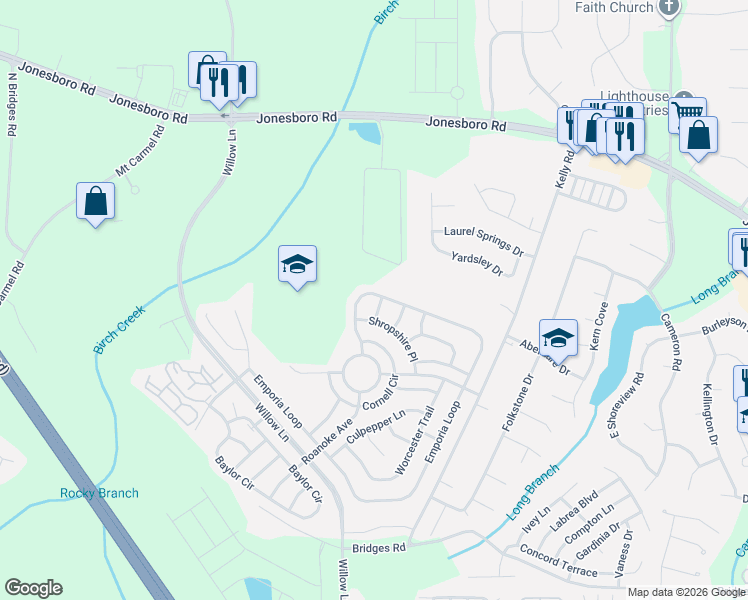 map of restaurants, bars, coffee shops, grocery stores, and more near 205 Emporia Loop in McDonough