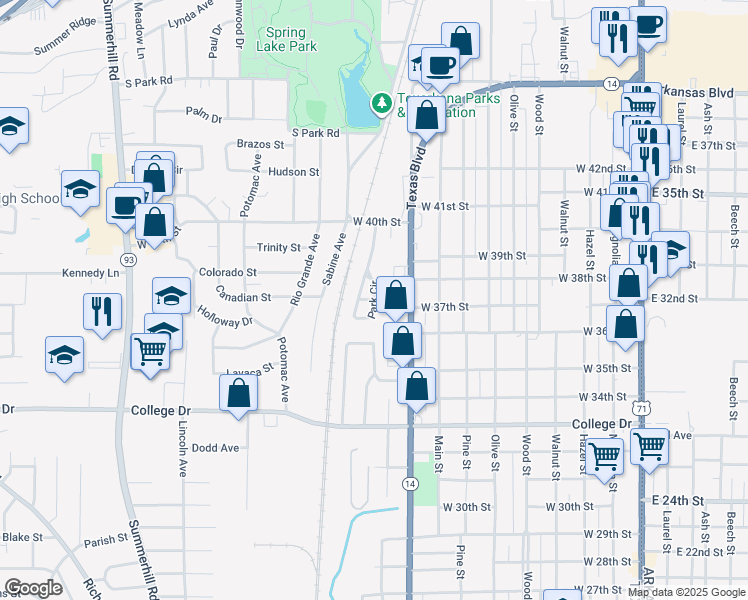 map of restaurants, bars, coffee shops, grocery stores, and more near 105 Park Circle in Texarkana
