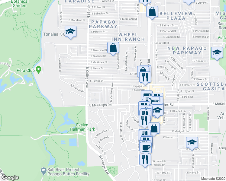 map of restaurants, bars, coffee shops, grocery stores, and more near 2209 North Van Ness Avenue in Tempe