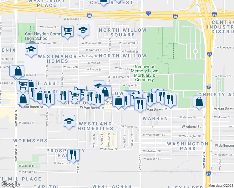 map of restaurants, bars, coffee shops, grocery stores, and more near 2825 W Polk St in Phoenix