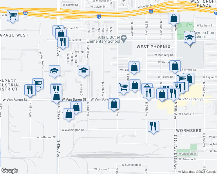 map of restaurants, bars, coffee shops, grocery stores, and more near 348 North 39th Drive in Phoenix