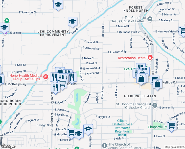 map of restaurants, bars, coffee shops, grocery stores, and more near 1503 East Kramer Street in Mesa