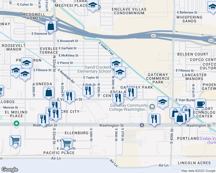 map of restaurants, bars, coffee shops, grocery stores, and more near 3529 East Polk Street in Phoenix