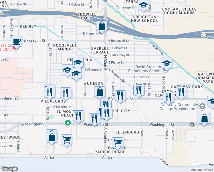 map of restaurants, bars, coffee shops, grocery stores, and more near 413 North 32nd Street in Phoenix