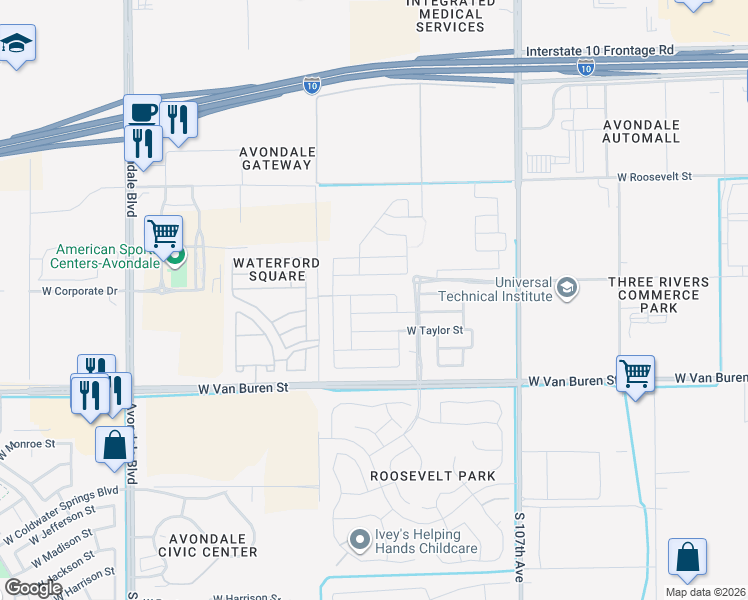 map of restaurants, bars, coffee shops, grocery stores, and more near 10977 West King Street in Avondale