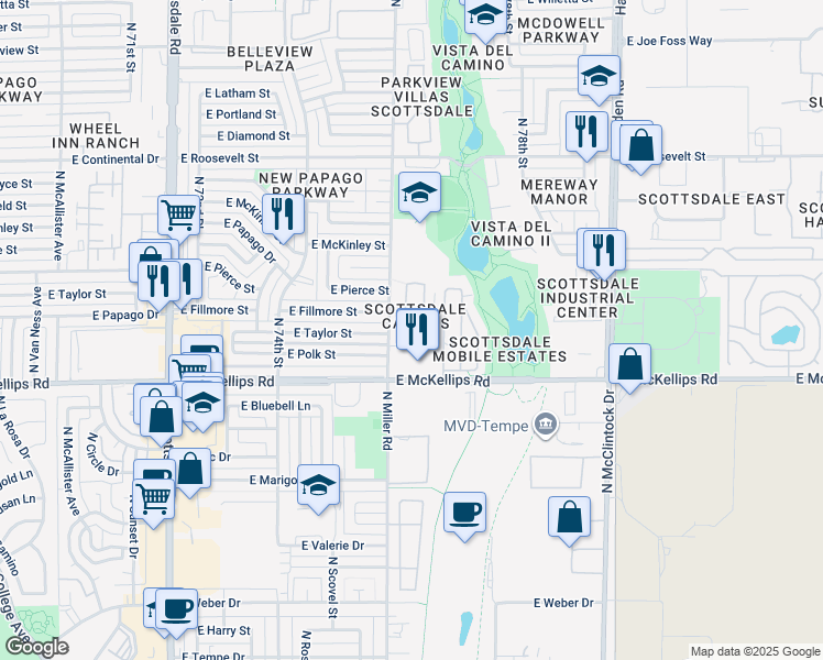 map of restaurants, bars, coffee shops, grocery stores, and more near 525 North Miller Road in Scottsdale