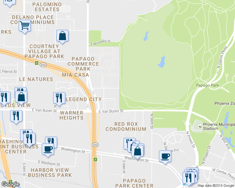 map of restaurants, bars, coffee shops, grocery stores, and more near 5335 East Taylor Street in Phoenix