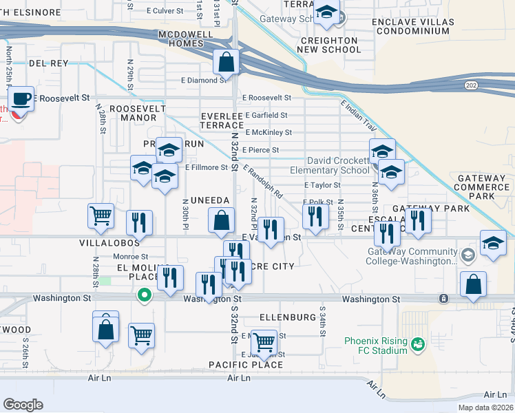 map of restaurants, bars, coffee shops, grocery stores, and more near 411 North 32nd Place in Phoenix