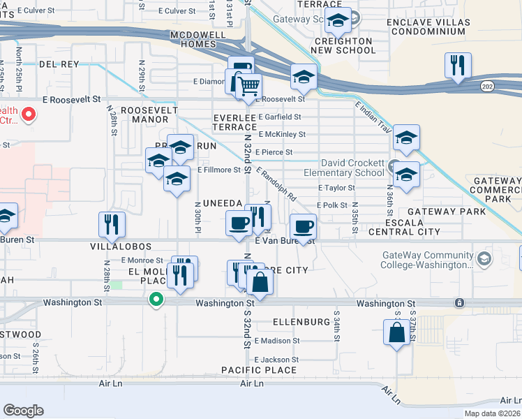 map of restaurants, bars, coffee shops, grocery stores, and more near 413 North 32nd Street in Phoenix