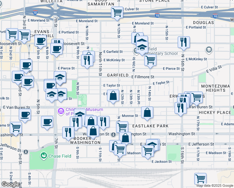 map of restaurants, bars, coffee shops, grocery stores, and more near 406 North 12th Street in Phoenix