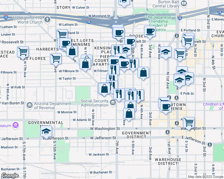 map of restaurants, bars, coffee shops, grocery stores, and more near 364 North 7th Avenue in Phoenix
