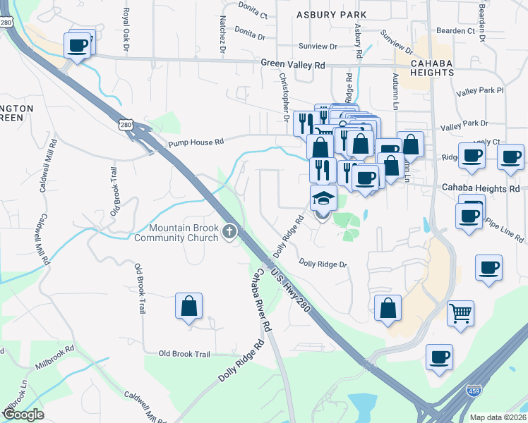 map of restaurants, bars, coffee shops, grocery stores, and more near 3025 Dolly Ridge Drive in Vestavia Hills