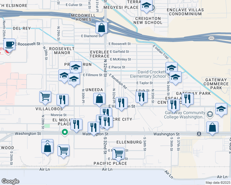 map of restaurants, bars, coffee shops, grocery stores, and more near 411 North 32nd Place in Phoenix
