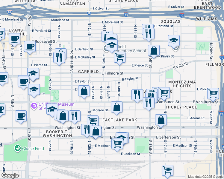 map of restaurants, bars, coffee shops, grocery stores, and more near 1336 East Polk Street in Phoenix