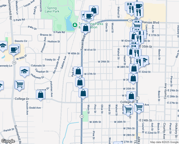 map of restaurants, bars, coffee shops, grocery stores, and more near 3704 Main Street in Texarkana