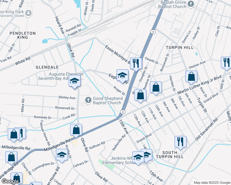 map of restaurants, bars, coffee shops, grocery stores, and more near 1516 Koger Street in Augusta