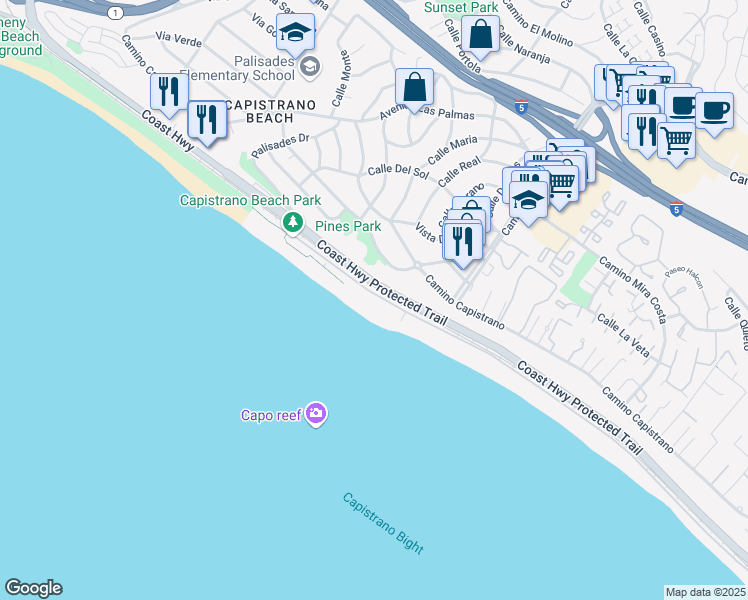 map of restaurants, bars, coffee shops, grocery stores, and more near 35091 Beach Road in Dana Point