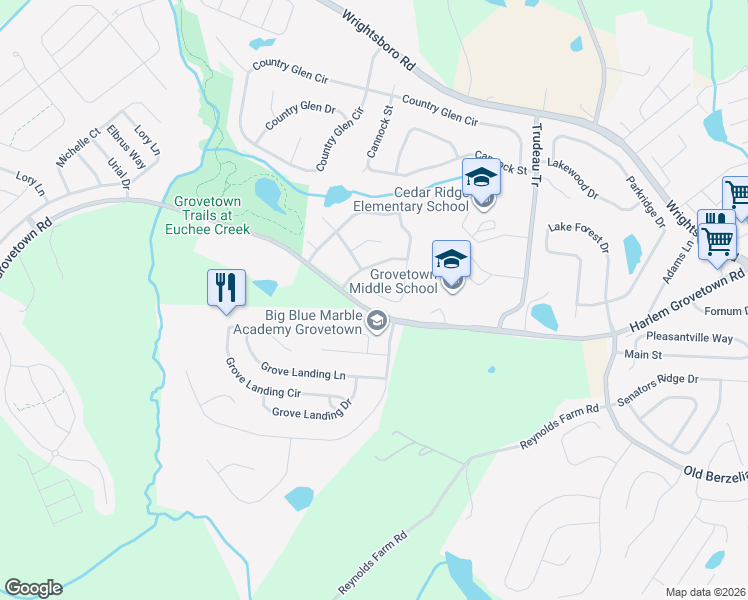 map of restaurants, bars, coffee shops, grocery stores, and more near 4043 Rosedale Place in Grovetown