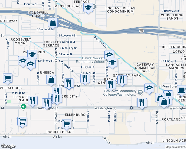 map of restaurants, bars, coffee shops, grocery stores, and more near 3449 East Polk Street in Phoenix