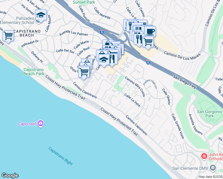 map of restaurants, bars, coffee shops, grocery stores, and more near 3441 Calle La Veta in San Clemente