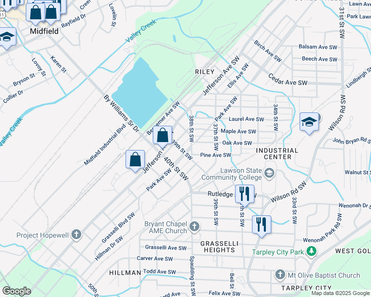 map of restaurants, bars, coffee shops, grocery stores, and more near 3812 Park Avenue Southwest in Birmingham