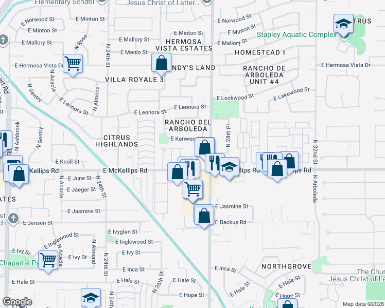 map of restaurants, bars, coffee shops, grocery stores, and more near 2732 E McKellips Rd in Mesa