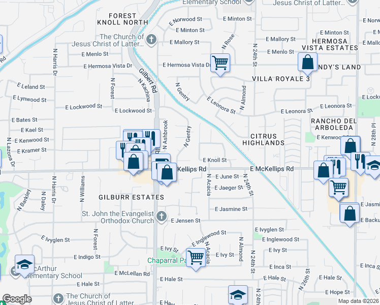 map of restaurants, bars, coffee shops, grocery stores, and more near 2044 North Chestnut in Mesa