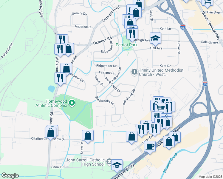 map of restaurants, bars, coffee shops, grocery stores, and more near 300 Willow Bend Road in Birmingham