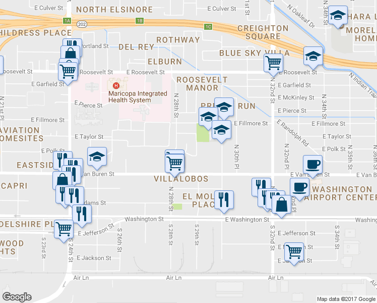 map of restaurants, bars, coffee shops, grocery stores, and more near 2822 E Polk St in Phoenix