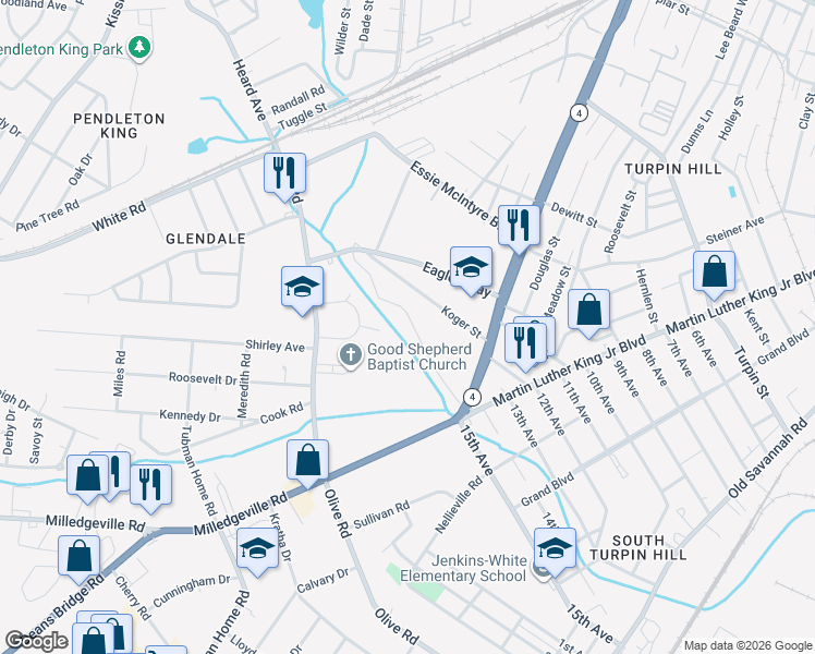 map of restaurants, bars, coffee shops, grocery stores, and more near 1528 Wooten Road in Augusta