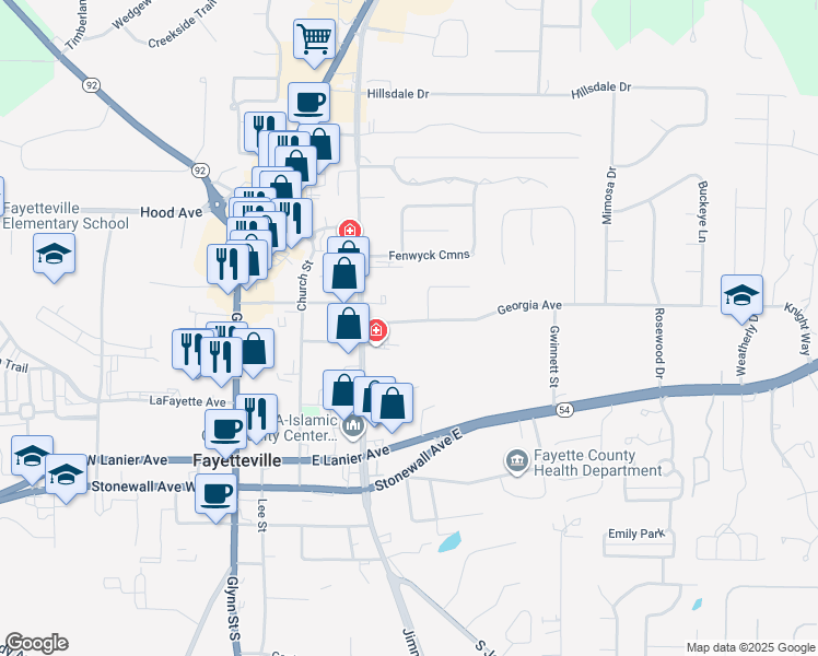map of restaurants, bars, coffee shops, grocery stores, and more near 415 Georgia Avenue in Fayetteville