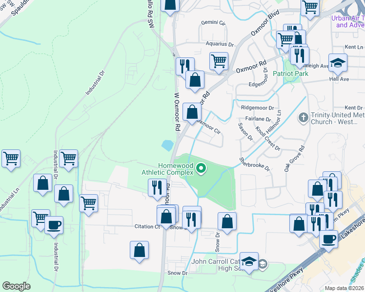 map of restaurants, bars, coffee shops, grocery stores, and more near 109 West Oxmoor Road in Homewood