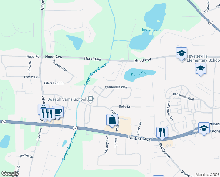 map of restaurants, bars, coffee shops, grocery stores, and more near 245 Cornwallis Way in Fayetteville
