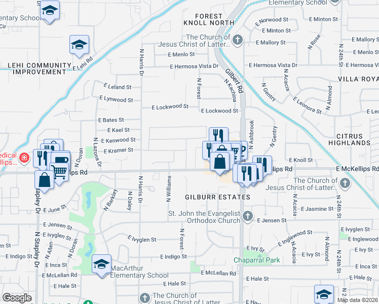 map of restaurants, bars, coffee shops, grocery stores, and more near 2039 North Hall in Mesa