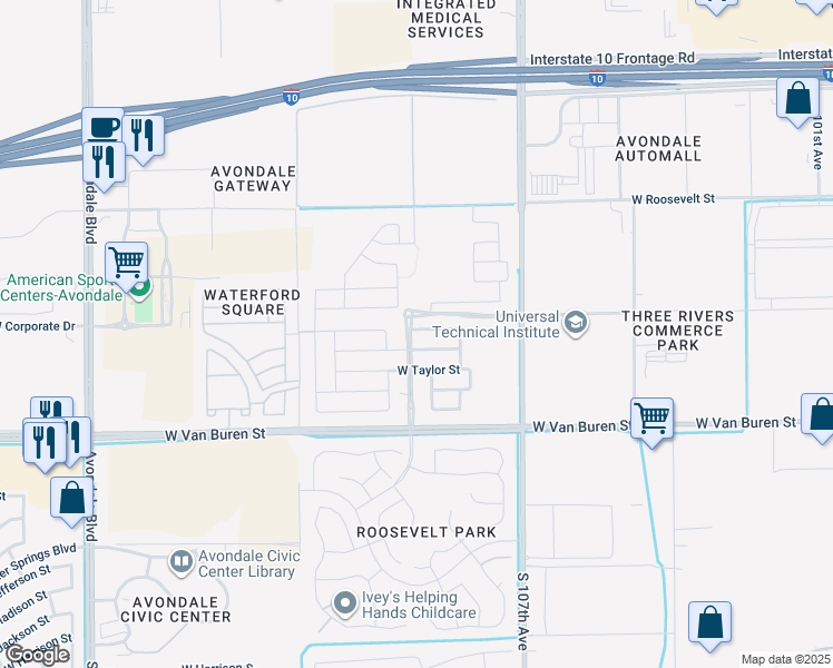 map of restaurants, bars, coffee shops, grocery stores, and more near 615 Roosevelt Parkway North in Avondale