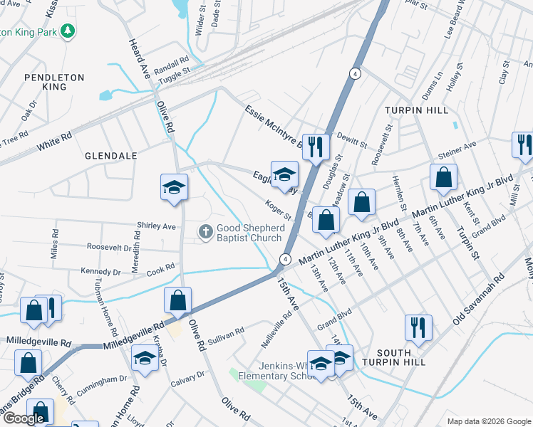 map of restaurants, bars, coffee shops, grocery stores, and more near 1518 Koger Street in Augusta